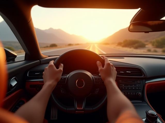 広々とした景色の中を高級車でドライブする人の手元とハンドル